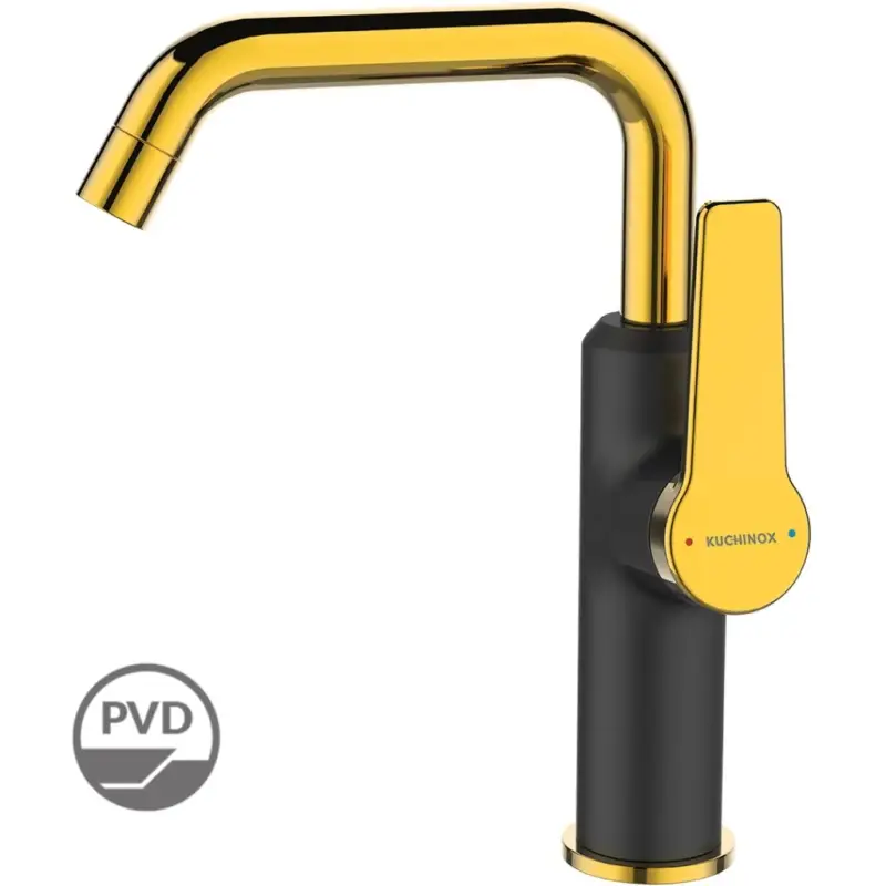 Expresní Doručení Kuchinox Alanis, umyvadlová baterie s výtokem ve tvaru L, h-235, černá-zlatá lesklá, LAV-BQI_725G