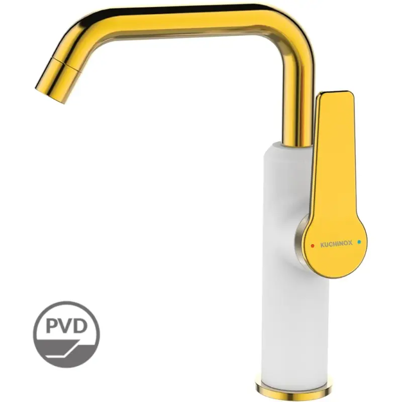 Kuchinox Alanis, umyvadlová baterie s výtokem ve tvaru L, h-235, bílá-zlatá lesklá, LAV-BQI_625G Cenově Výhodný