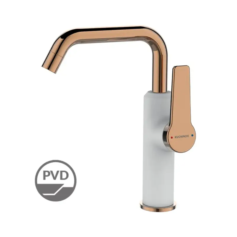 Kuchinox Alanis, umyvadlová baterie s výtokem ve tvaru L, h-235, bílá-růžové zlato, LAV-BQI_625D Značkový