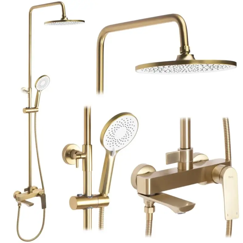 Akce Rea Avalon, sprchová souprava s dešťovou hlavovou a ruční hlavicí, zlatá matná, REA-P2400