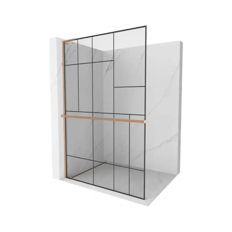 Akce Mexen Kioto+ L, sprchová zástěna Walk-In s poličkou a věšákem 90 x 200 cm, 8mm čiré sklo černý vzor, ​​měděný matný profil, 800-090-123-65-78