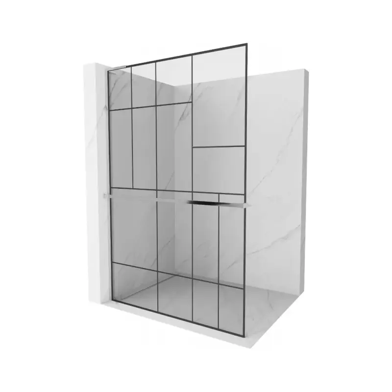 Akce Mexen Kioto+ L, sprchová zástěna Walk-In s poličkou a věšákem 90 x 200 cm, 8mm čiré sklo černý vzor, ​​chromový profil, 800-090-123-01-78