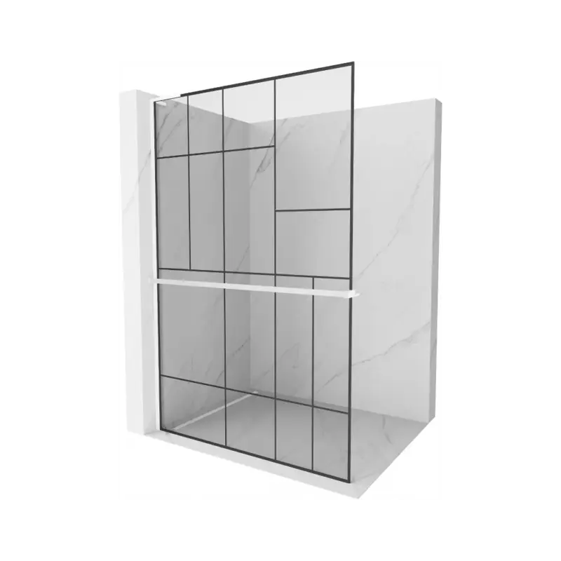 Akce Mexen Kioto+ L, sprchová zástěna Walk-In s poličkou a věšákem 80 x 200 cm, 8mm čiré sklo černý vzor, ​​bílý profil, 800-080-123-20-78