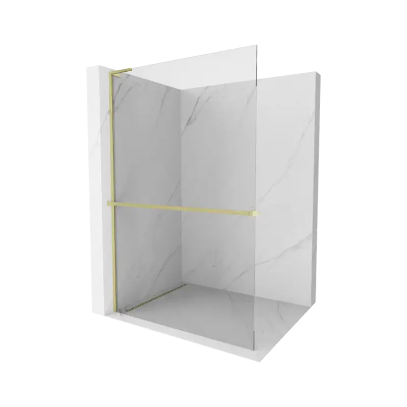 Akce Mexen Kioto+ L, sprchová zástěna Walk-In s poličkou a ramínkem 105 x 200 cm, 8mm čiré sklo, zlatý matný profil, 800-105-123-55-00