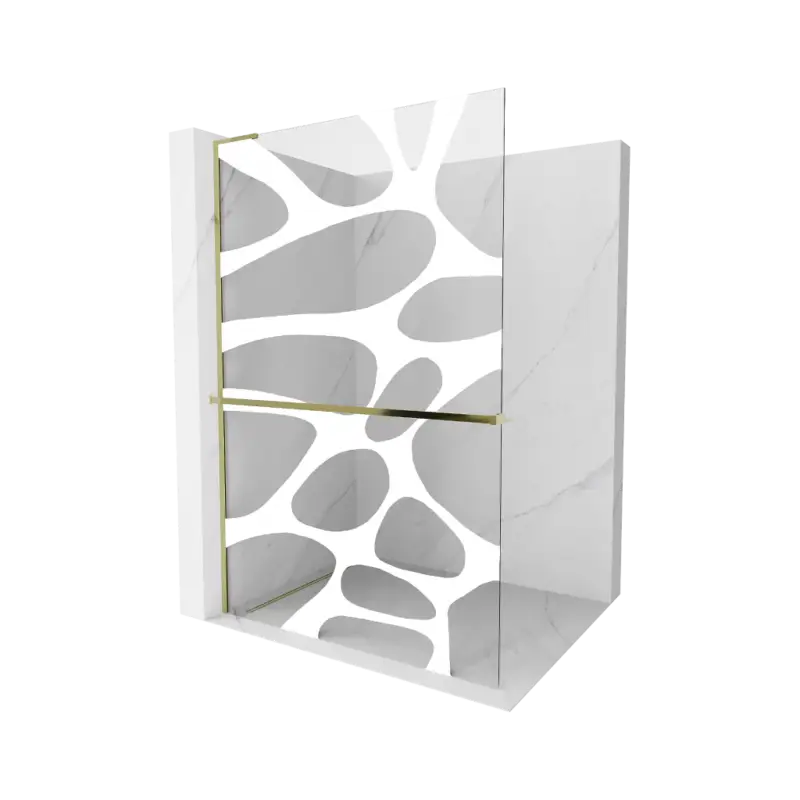 Akce Mexen Kioto+ L, sprchová zástěna Walk-In s poličkou a věšákem 100 x 200 cm, 8mm čiré sklo bílý vzor, ​​zlatý lesklý profil, 800-100-123-50-97