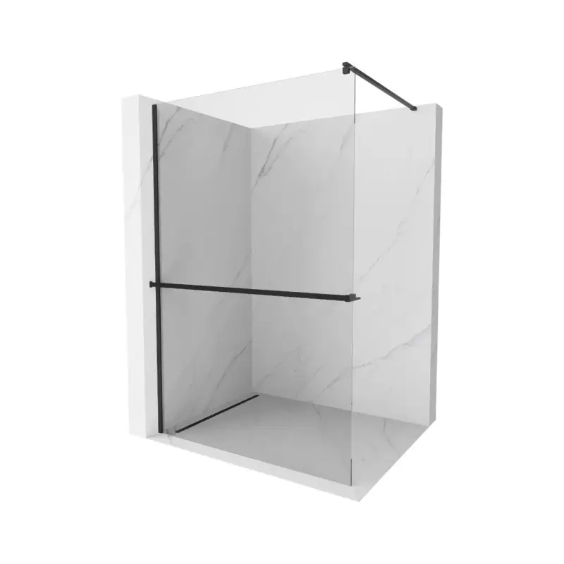 Akce Mexen Kioto, sprchová zástěna Walk-In Walk-in 135 x 200 cm, 8mm čiré sklo, černý profil + věšák na ručníky s poličkou, 800-135-121-70-00