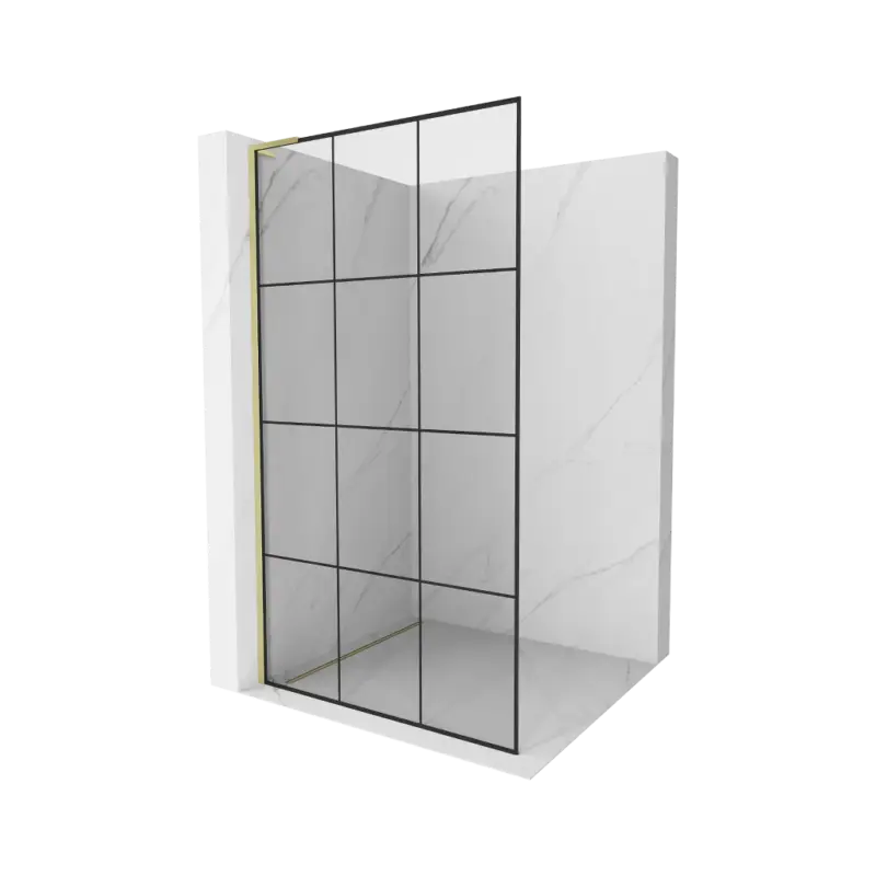 Akce Mexen Kioto L, sprchová zástěna Walk-In 100 x 200 cm, 8mm čiré sklo černý vzor, ​​zlatý matný profil, 800-100-103-55-77