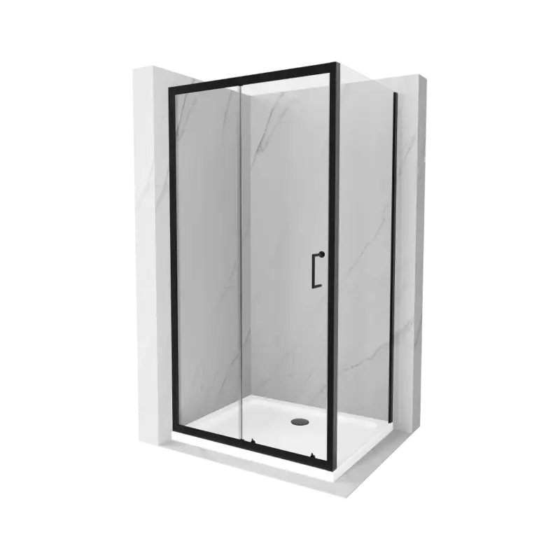 Akce Mexen APIA, sprchový kout s posuvnými dveřmi 140 (dveře) x 70 (stěna) cm, 5mm čiré sklo, černý profil + bílá sprchová vanička, 840-140-070-70-00-4010B