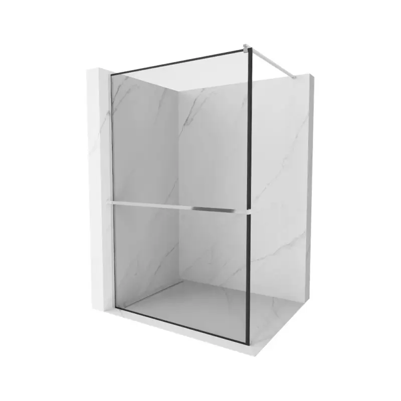 Akce Mexen Kioto+, sprchová zástěna s poličkou a držákem na ručníky 100 x 200 cm, 8mm čiré sklo vzor černý rám, chromový profil, 800-100-121-01-70